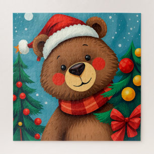 Bär in Santa-Mütze zwischen Weihnachtsbäumen Puzzle