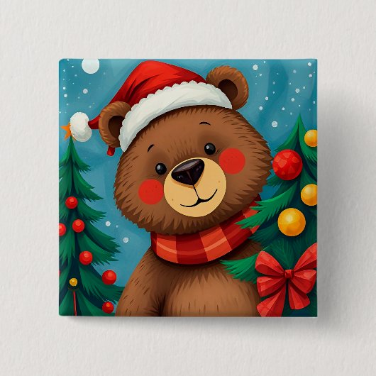 Bär in Weihnachtsmannmütze unter den Weihnachtsbäu Button (Vorderseite)