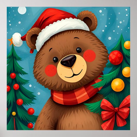Bär in Weihnachtsmannmütze unter den Weihnachtsbäu Poster (Vorne)