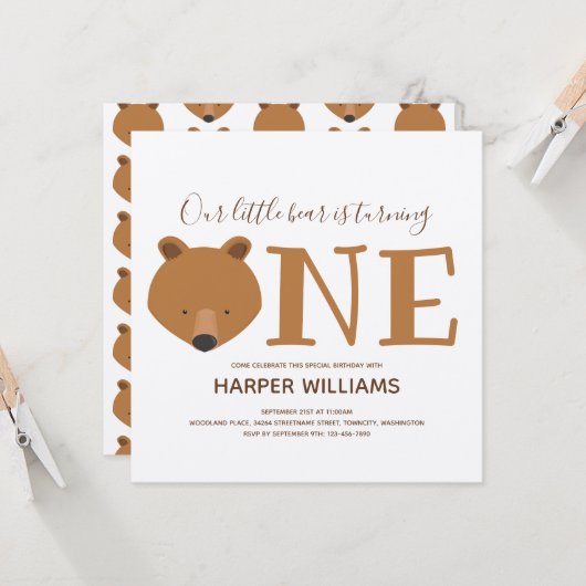 Bär macht ein Silbertier zum ersten Geburtstag Einladung (Vorderseite/Rückseite Beispiel)