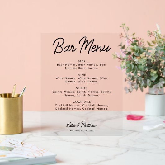 Bar Menu Alkoholgetränke Hochzeiten Minimalistisch Acrylschild (Hochzeit)