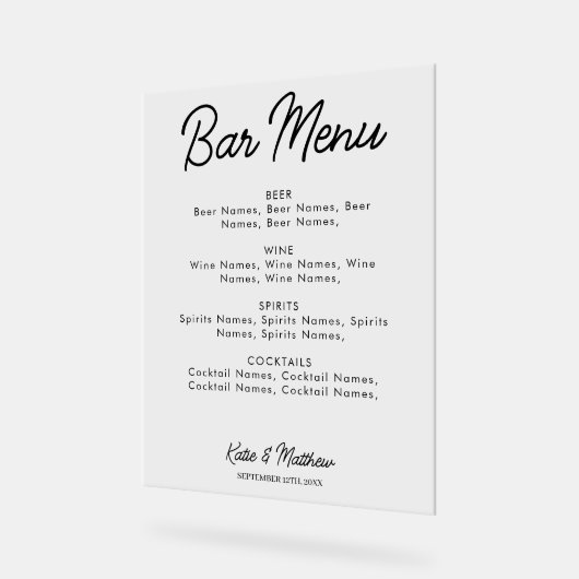 Bar Menu Alkoholgetränke Hochzeiten Minimalistisch Acrylschild (Winkel)