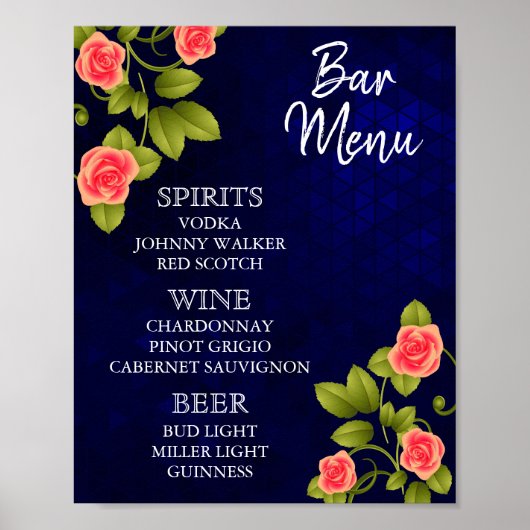 Bar Menu - Blume für dunkelblaue und korallenblaue Poster (Vorne)
