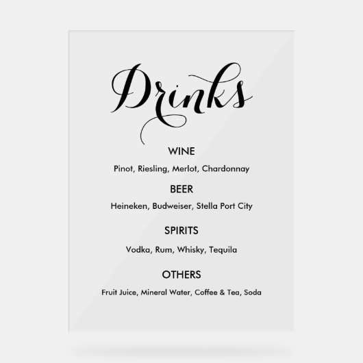 Bar Menu Drinks Hochzeitsfeier Elegant Acrylschild (Vorderseite)