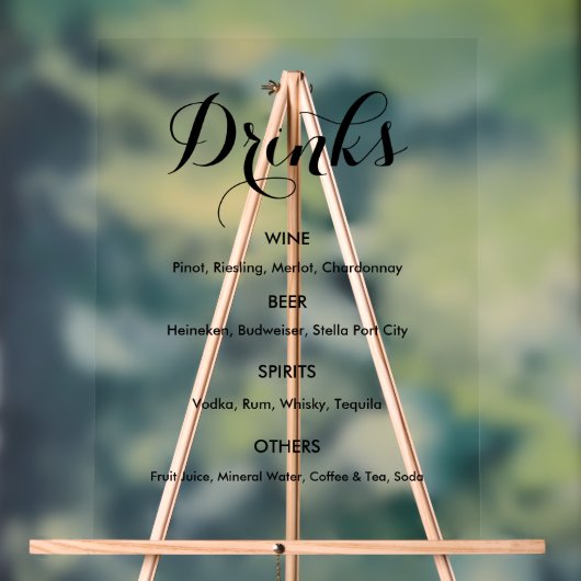 Bar Menu Drinks Hochzeitsfeier Elegant Acrylschild (Neutral)