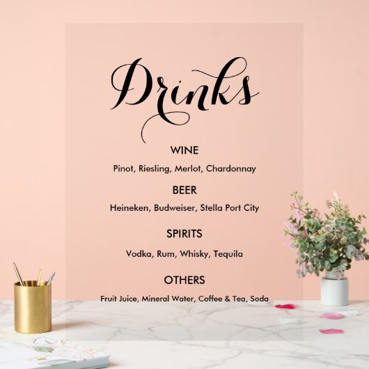 Bar Menu Drinks Hochzeitsfeier Elegant Acrylschild (Hochzeit)