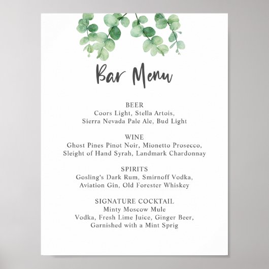 Bar Menu Eukalyptus Wedding Botanische Vegetation Poster (Vorne)