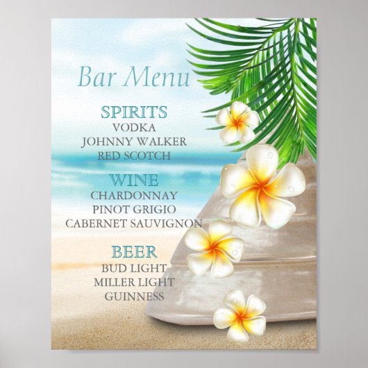 Bar Menu für eine Hochzeit am Strand Poster (Vorne)