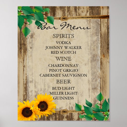 Bar Menu für eine Hochzeit - Sonnenblume Poster (Vorne)