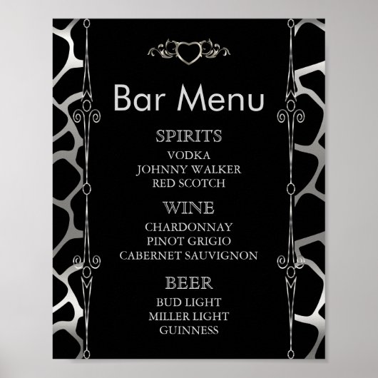 Bar Menu - Hochzeit in Silver & Black Giraffe Poster (Vorne)