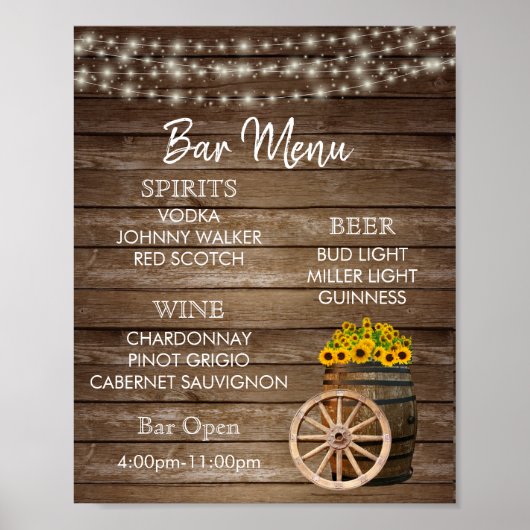 Bar Menu - Holzfass mit Sonnenblumen Poster (Vorne)