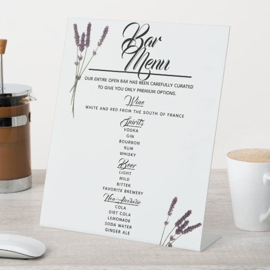 Bar Menu Lavender Wedding Drinks Pedestal Schild (In Situ)
