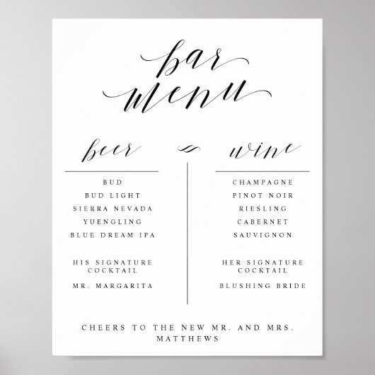 Bar Menu mit Wein Bier und Cocktail-Liste Untersch Poster (Vorne)