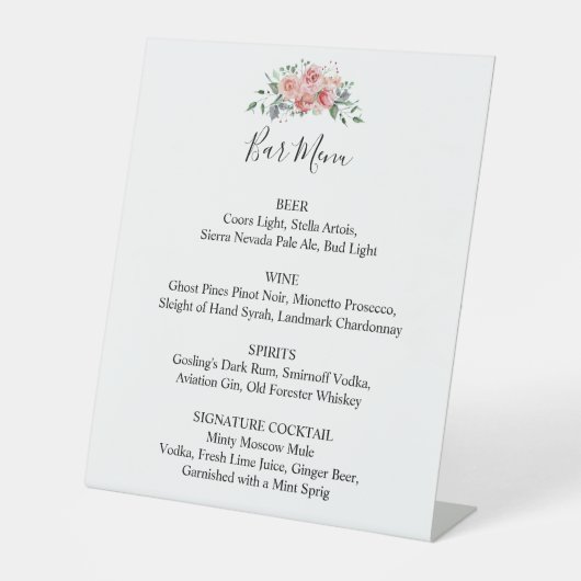 Bar Menu Pink Floral Wedding Boho Chic Skript Sockelschild (Vorderseite)