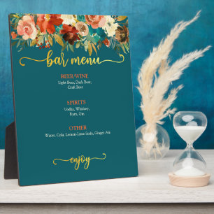 Bar Menu Sign - Aquamarin & orange Blumen Fotoplatte