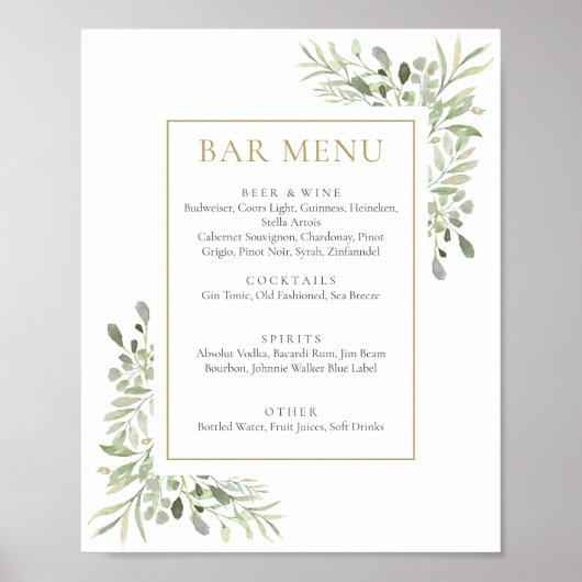 Bar Menu "Watercolor Greenery" Poster (Vorne)