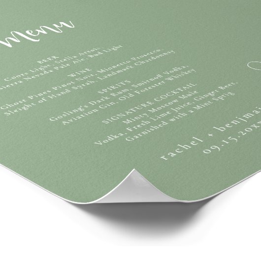 Bar Menu Wedding Sage Grüner botanischer Minimalwe Poster (Ecke)
