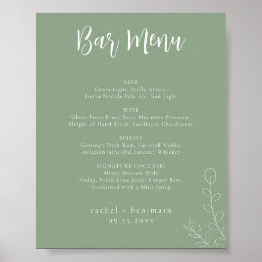 Bar Menu Wedding Sage Grüner botanischer Minimalwe Poster (Vorne)