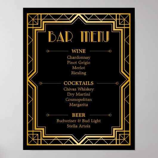 Bar Menu Wedding Sign | Gatsby Art Deco Poster (Vorne)