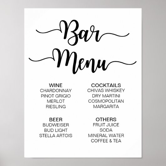 Bar Menu Wedding Sign | Moderne Kalligrafie Poster (Vorne)