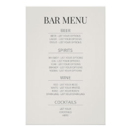  ‘Bar Menu’ Wedding Sign | Warm Ivory Poster