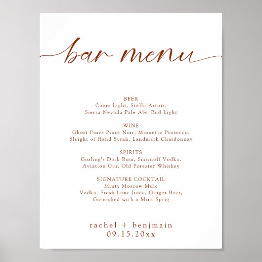 Bar Menu Wedding Terracotta Roust Fall Minimal Poster (Vorne)