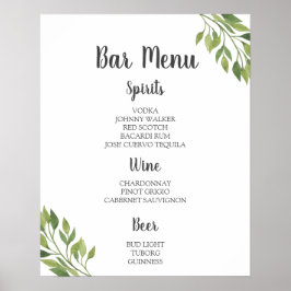 BAR MENU-Zeichen | botanische Hochzeitsfeier im Gr Poster