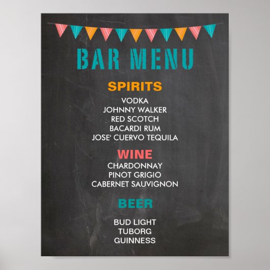 BAR MENU-Zeichen für Hochzeitsfeier auf der Tafel Poster (Vorne)