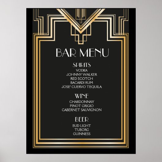BAR MENU-Zeichen | Große Hochzeit von Gatsby inspi Poster (Vorne)