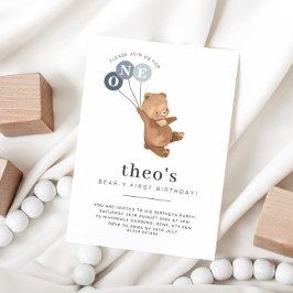 Bär mit 3 blauen Balloons 1. Geburtstagseinladung Einladung