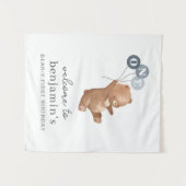 Bär mit 3 blauen Balloons Begrüßungszeichen Wandteppich (Vorderseite (Horizontal))