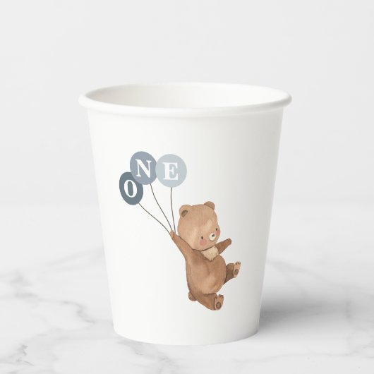 Bär mit 3 blauen Balloons Pappbecher (Vorderseite)