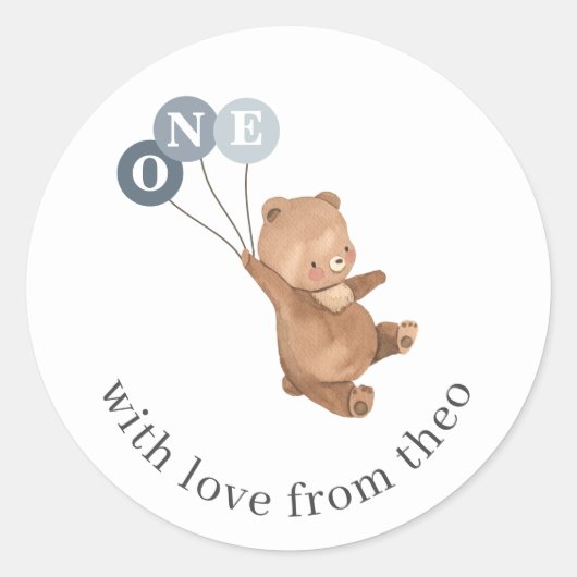 Bär mit 3 blauen Balloons Runder Aufkleber (Vorderseite)
