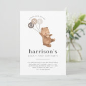 Bär mit 3 braunen Balloons 1. Geburtstag Einladung (Stehend Vorderseite)