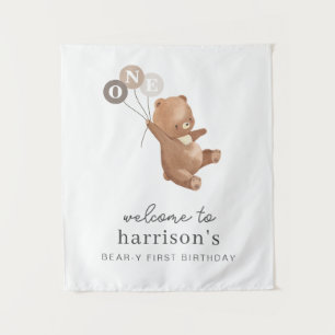 Bär mit 3 braunen Luftballons Willkommensschild Wandteppich