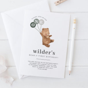 Bär mit 3 grünen Balloons 1. Geburtstagseinladung Einladung