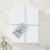 Bär mit Ball, blau Geschenkanhänger (Mit Garn)