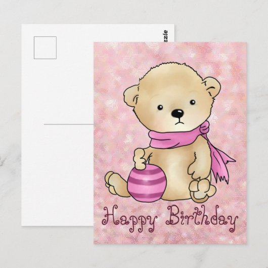 Bär mit Ball, Rosa Postkarte (Vorne/Hinten)