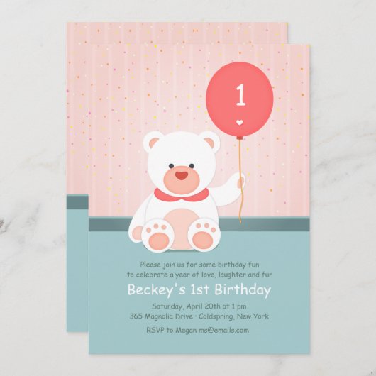 Bär mit Ballon-Einladung Einladung (Vorne/Hinten)