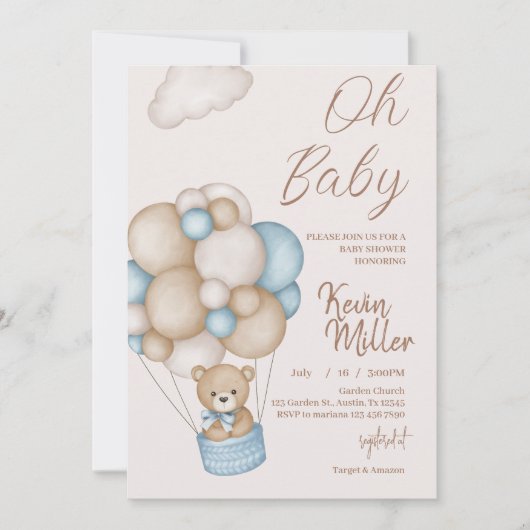 Bär mit Ballons Babydusche Einladung (Vorderseite)