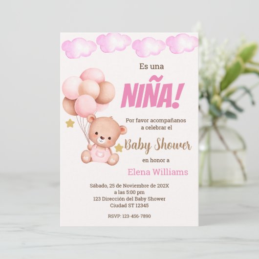 Bär mit Balloons Baby Dusche Spanisch Einladung (Stehend Vorderseite)