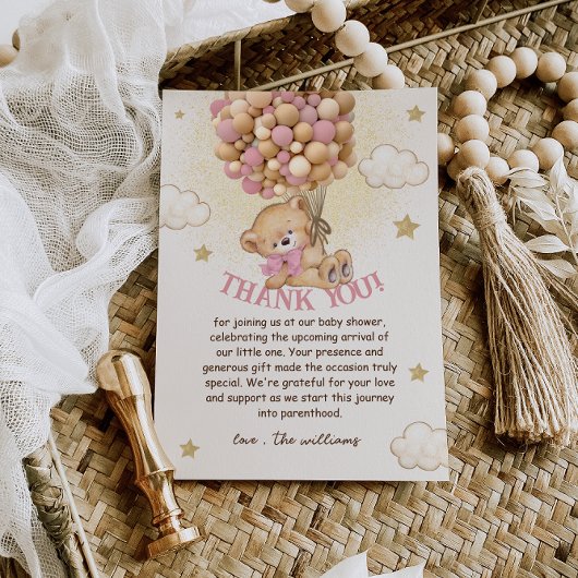 Bär mit Balloons Beige Pink Babydusche Dankeskarte