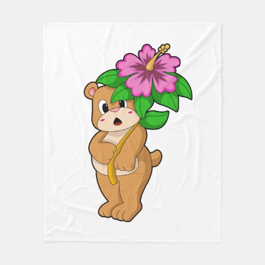 Bär mit Blume Hibiskus Fleecedecke (Vorderseite)
