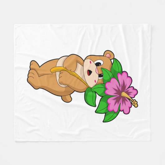 Bär mit Blume Hibiskus Fleecedecke (Vorderseite (Horizontal))