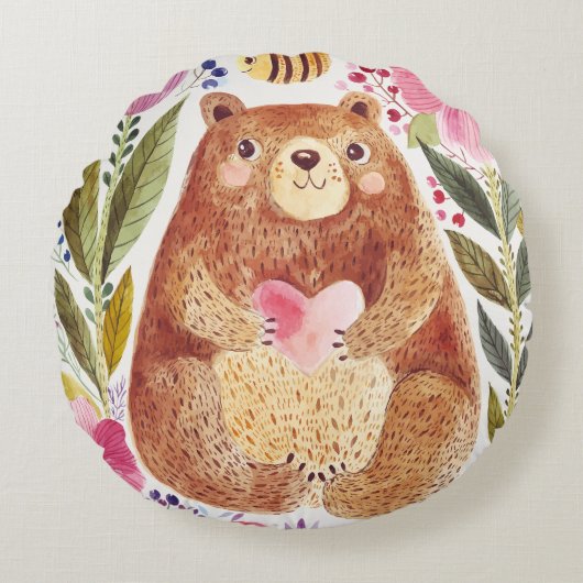 Bär mit Blume und Biene Rundes Kissen (Vorderseite)