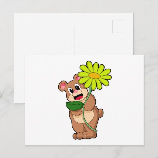 Bär mit gelber Blume Postkarte (Vorne/Hinten)
