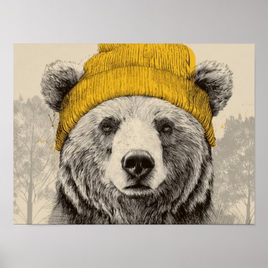 Bär mit gelber Mütze Waldtier im rustikalen Stil Poster (Vorne)