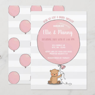 Bär mit Luftballon Baby Shower Einladung | Rosa