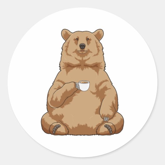 Bär mit Tasse Kaffee Runder Aufkleber (Vorderseite)
