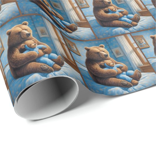 Bär mit Teddybär im Bett Geschenkpapier (Rolleneckpunkt)